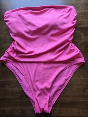 Shade & Shore One Piece Swimsuit XL 16 Pink Strapless Ruched High Cut Swim
